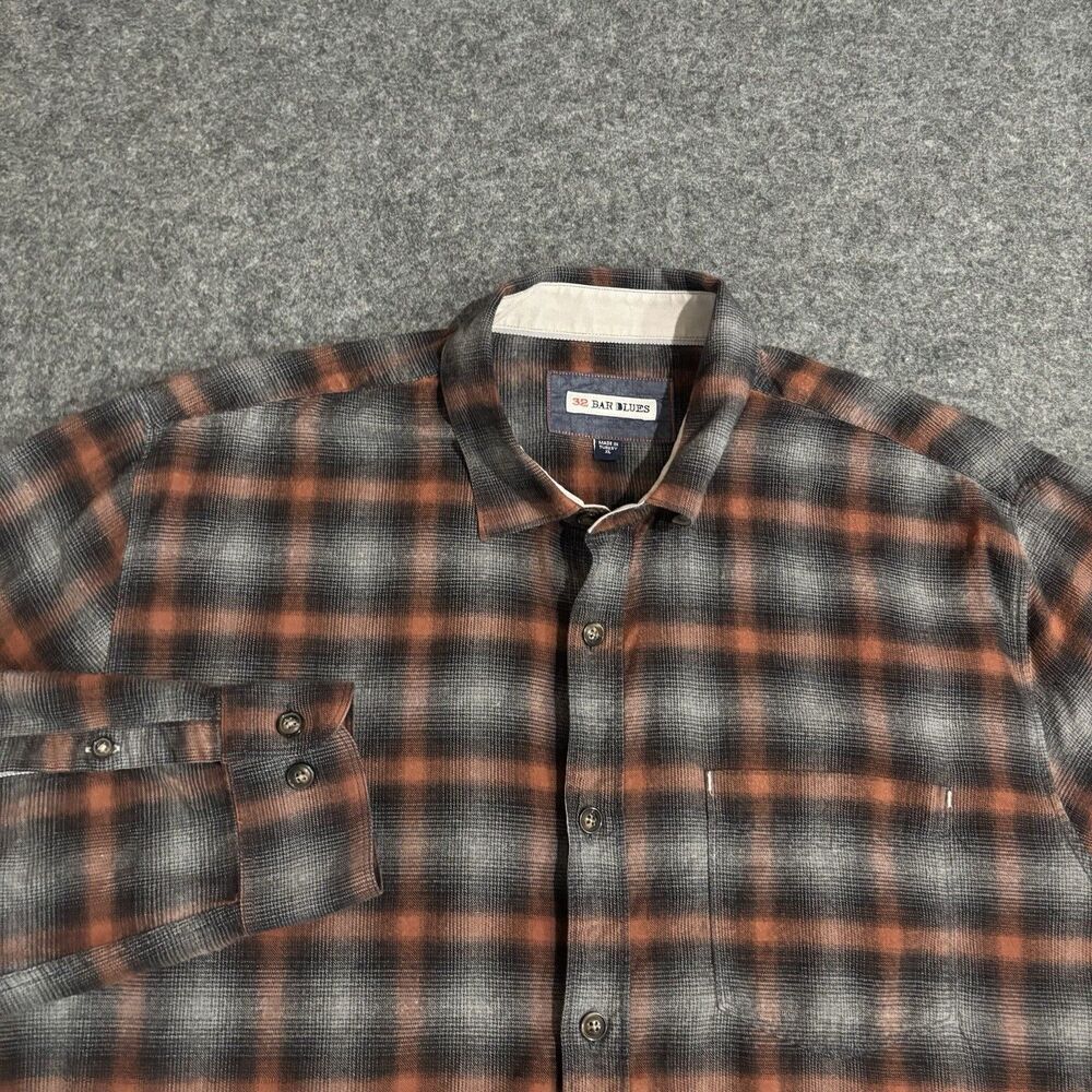 32 Bar Blues Mens XL Plaid Button Down Shirt Black Orange Cotton Long Sleeve